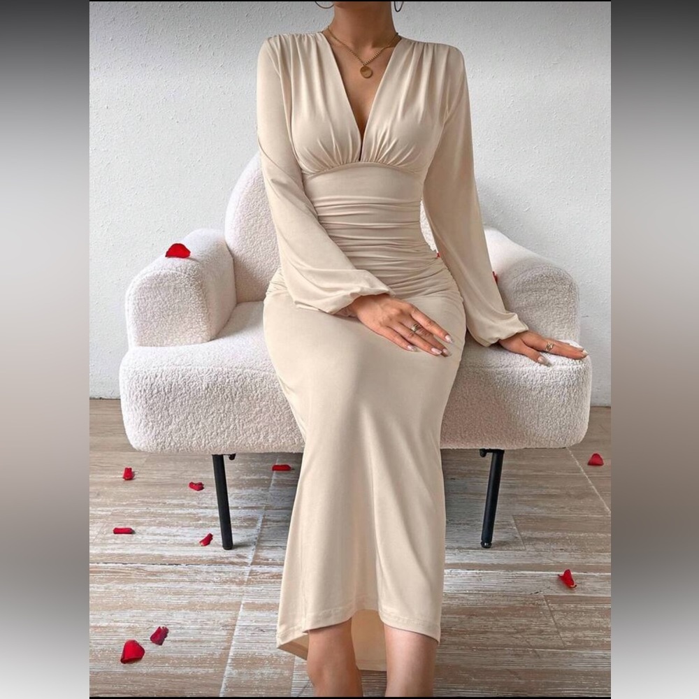 Batwing Sleeve Pleated Ruched Evening Party Dress - Picture 5 of 6